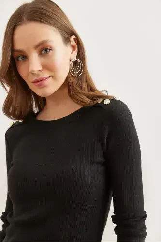 Women's Black Shoulder Buttoned Flannel Mini Flexible Dress - 5