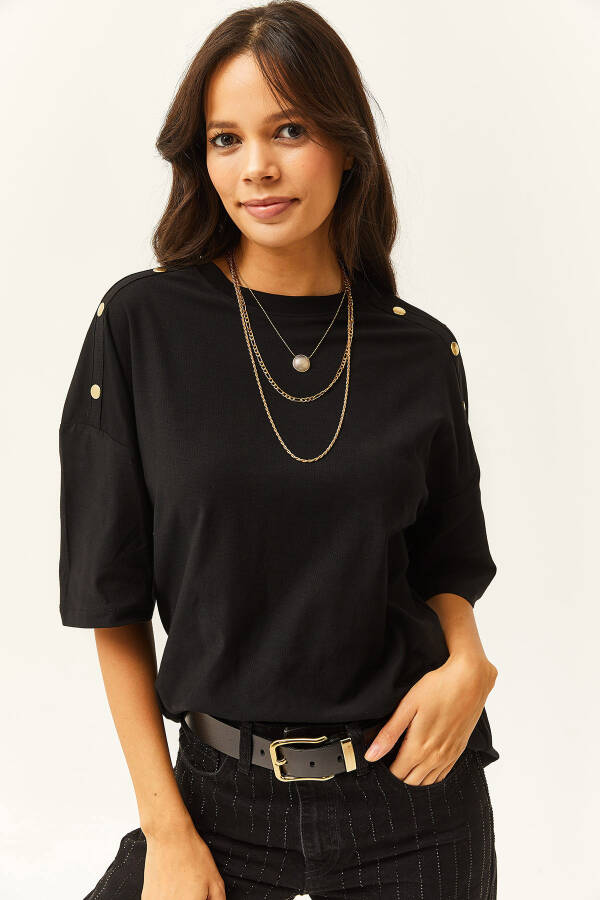 Women's Black Shoulder Gold Button Cotton T-Shirt TSH-19000763 - 4