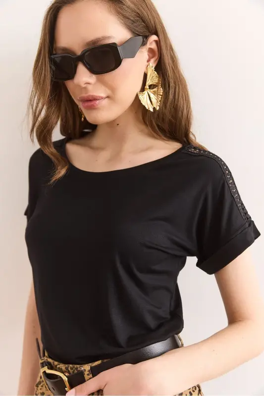 Women's Black Shoulder Lace Detailed Knitted Viscose Blouse B - 2