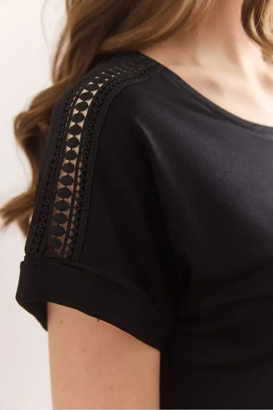 Women's Black Shoulder Lace Detailed Knitted Viscose Blouse B - 4