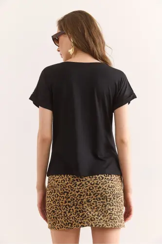 Women's Black Shoulder Lace Detailed Knitted Viscose Blouse B - 5