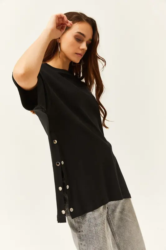 Women's Black Side Buttoned Cotton T-Shirt TSH-19000762 - Black - 3