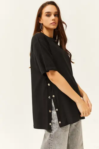 Women's Black Side Buttoned Cotton T-Shirt TSH-19000762 - Black - 4