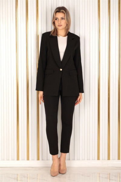 Women's Black Single Button Blazer Carrot Pants Suit Dress Satin Fabric - ÖZGE SIBEL
