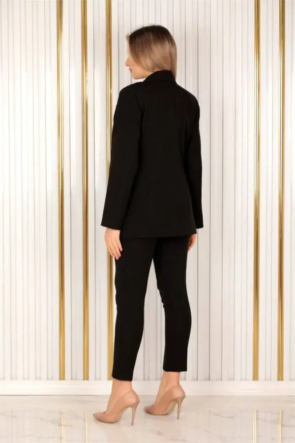Women's Black Single Button Blazer Carrot Pants Suit Dress Satin Fabric - 5