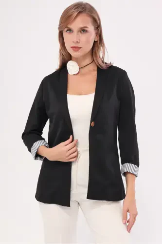 Women's Black Single-Button Jacket with Stripe on the Inside of the Sleeve ARM-22K001122 - 5