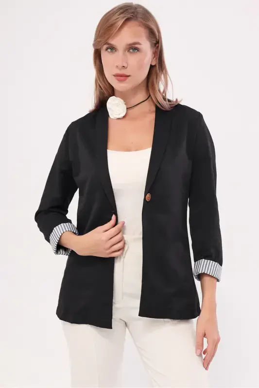 Women's Black Single-Button Jacket with Stripe on the Inside of the Sleeve ARM-22K001122 - 5