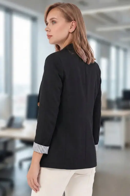 Women's Black Single-Button Jacket with Stripe on the Inside of the Sleeve ARM-22K001122 - 5