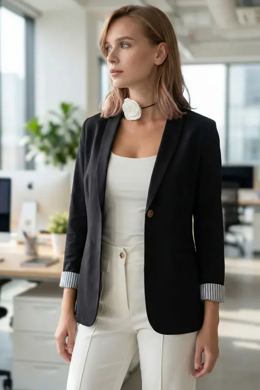 Women's Black Single-Button Jacket with Stripe on the Inside of the Sleeve ARM-22K001122 - 6