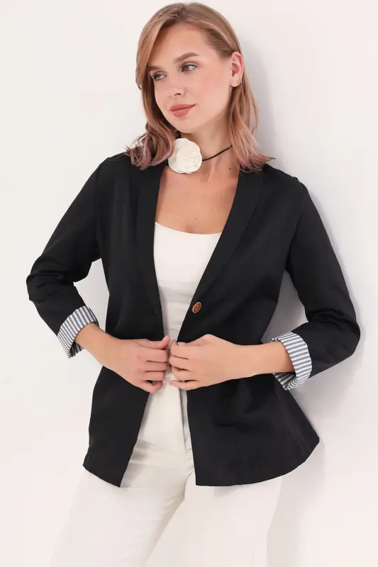 Women's Black Single-Button Jacket with Stripe on the Inside of the Sleeve ARM-22K001122 - 3