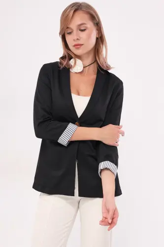 Women's Black Single-Button Jacket with Stripe on the Inside of the Sleeve ARM-22K001122 