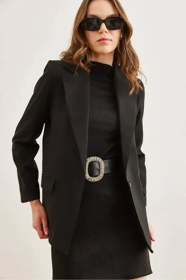 Women's Black Single-Button Lined Pocket Flap Premium Blazer Jacket CKT-19000395 - 5