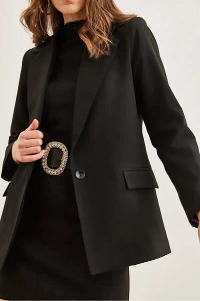 Women's Black Single-Button Lined Pocket Flap Premium Blazer Jacket CKT-19000395 - 8