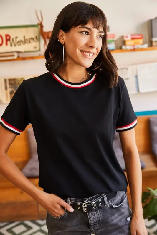 Women's Black Sleeve and Collar Detailed T-Shirt TSH-190005 - 1