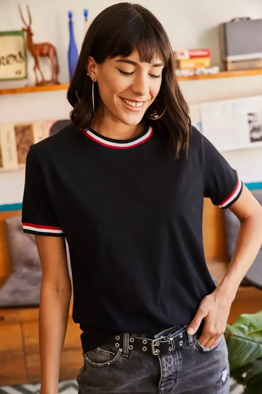 Women's Black Sleeve and Collar Detailed T-Shirt TSH-190005 - 5