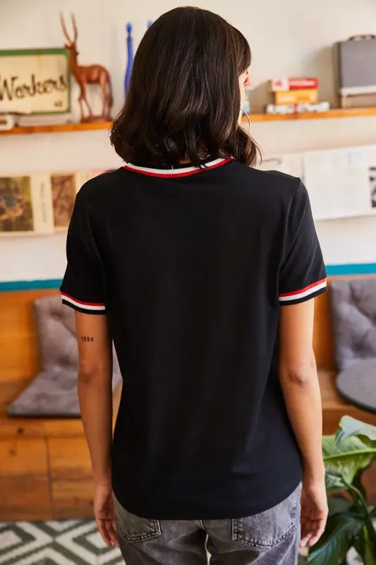 Women's Black Sleeve and Collar Detailed T-Shirt TSH-190005 - 7