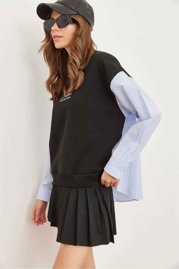 Women's Black Sleeve Back Poplin Detailed Sweatshirt SWT-19000669 - 2