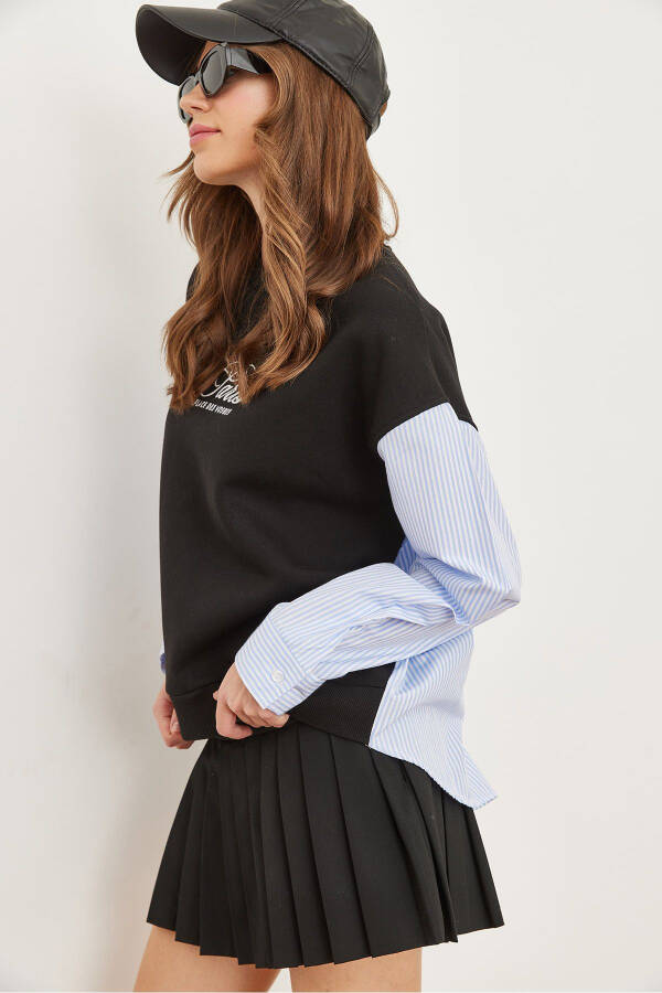 Women's Black Sleeve Back Poplin Detailed Sweatshirt SWT-19000669 - 3