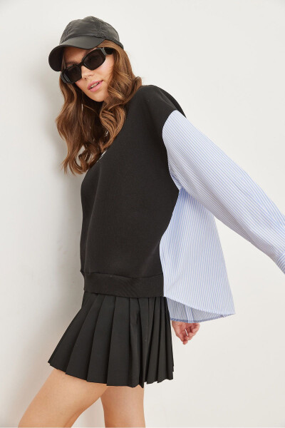 Women's Black Sleeve Back Poplin Detailed Sweatshirt SWT-19000669 - 4