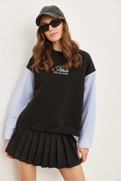 Women's Black Sleeve Back Poplin Detailed Sweatshirt SWT-19000669 - 5