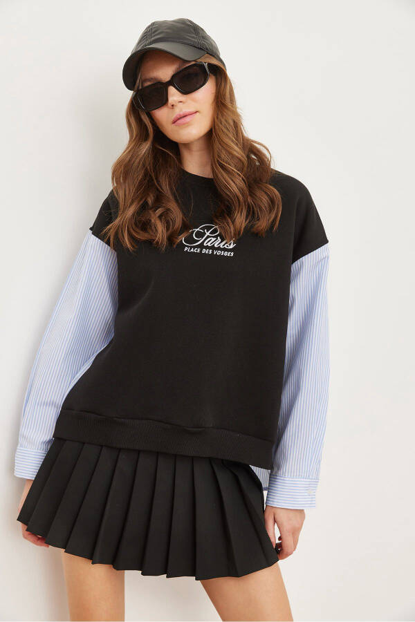 Women's Black Sleeve Back Poplin Detailed Sweatshirt SWT-19000669 - 5