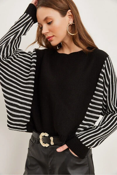 Women's Black Sleeve Detail Knitted Pullover KZK-19000817 - OLALOOK