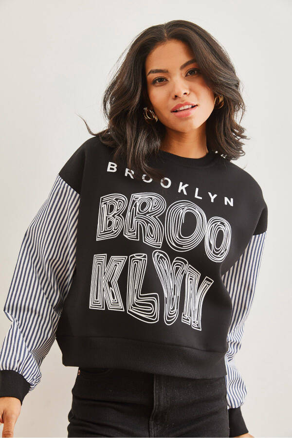 Women's Black Sleeve Detailed Printed Thistle Sweatshirt SWT-19000689 - 2