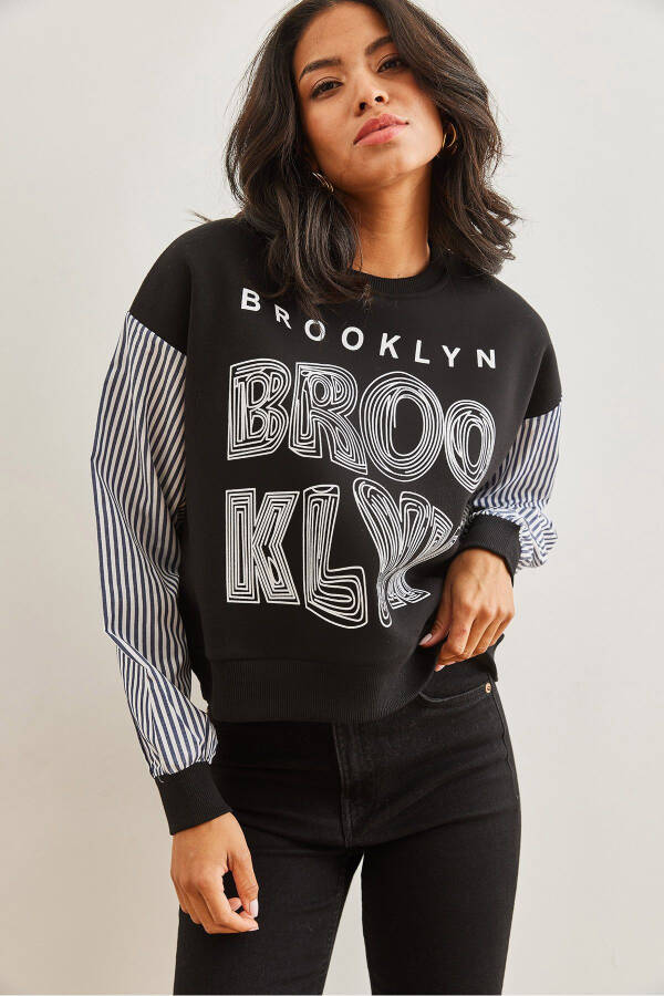 Women's Black Sleeve Detailed Printed Thistle Sweatshirt SWT-19000689 - 4