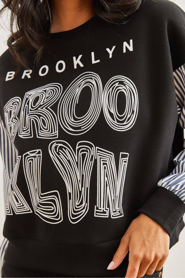 Women's Black Sleeve Detailed Printed Thistle Sweatshirt SWT-19000689 - 5