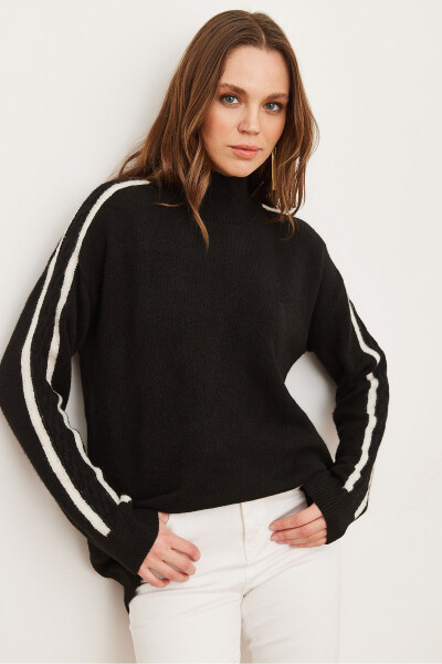 Women's Black Sleeve Ribbon Braid Detailed Oversize Knitted PulloverKZK-19000898 - OLALOOK (1)