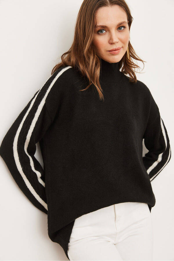 Women's Black Sleeve Ribbon Braid Detailed Oversize Knitted PulloverKZK-19000898 - 6