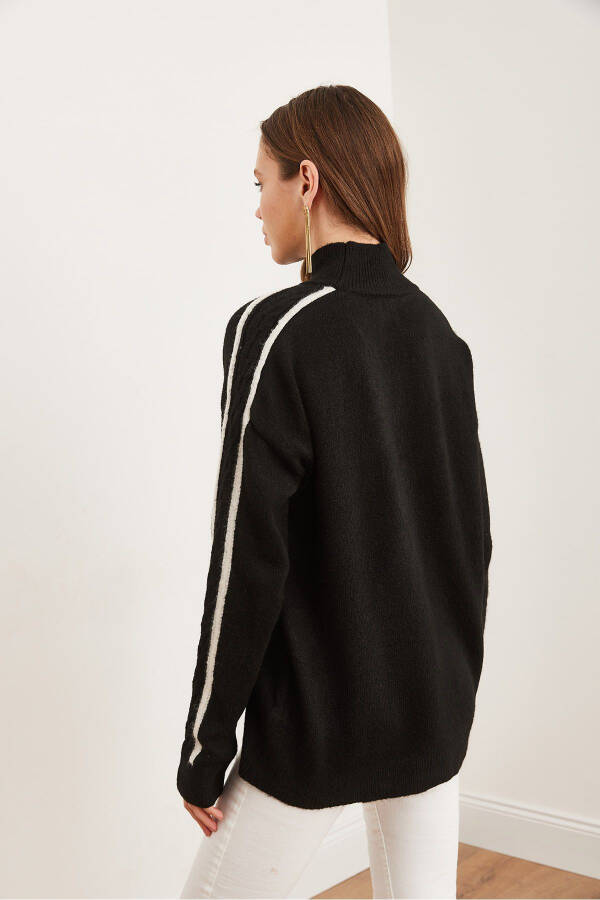 Women's Black Sleeve Ribbon Braid Detailed Oversize Knitted PulloverKZK-19000898 - 8