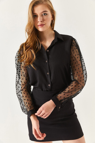 Women's Black Sleeve Tulle Shirt ARM-20K001068 - 7