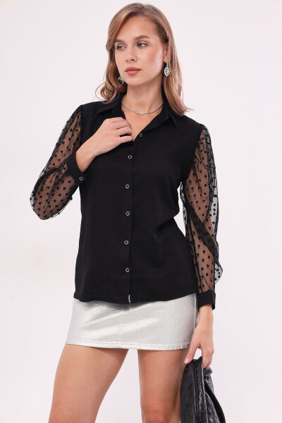 Women's Black Sleeve Tulle Shirt ARM-20K001068 - 4