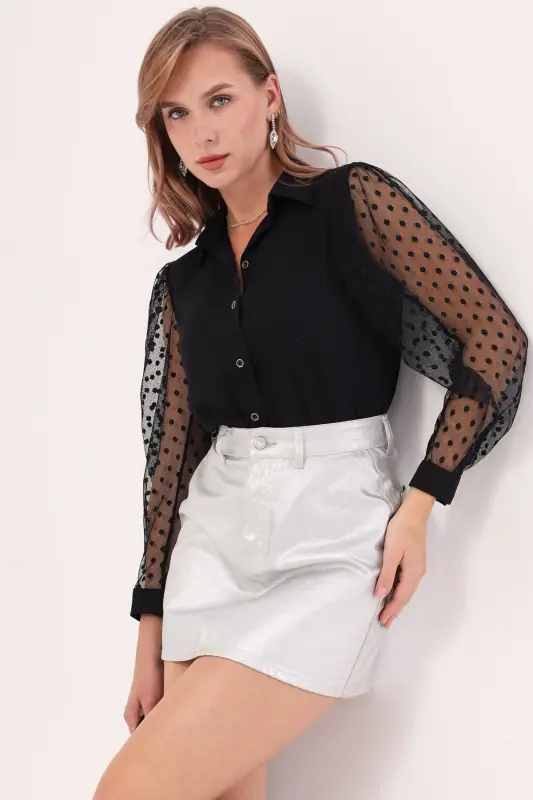 Women's Black Sleeve Tulle Shirt ARM-20K001068 - 4