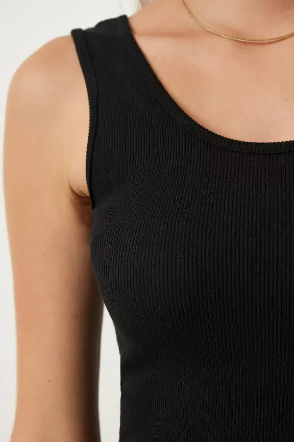 Women's Black Sleeveless Ribbed Knit Dress Lİ00063 - 3