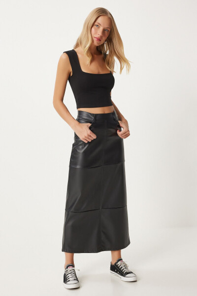 Women's Black Slit Faux Leather Pencil Skirt FN03351 - 1