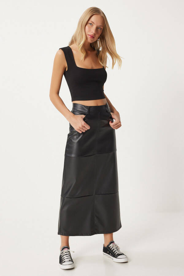 Women's Black Slit Faux Leather Pencil Skirt FN03351 - 1