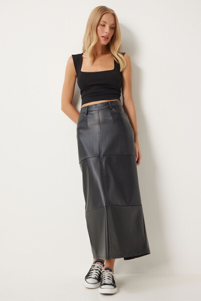 Women's Black Slit Faux Leather Pencil Skirt FN03351 - 2