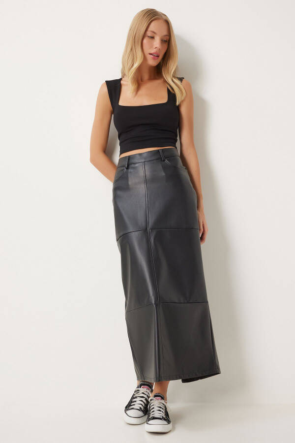 Women's Black Slit Faux Leather Pencil Skirt FN03351 - 2