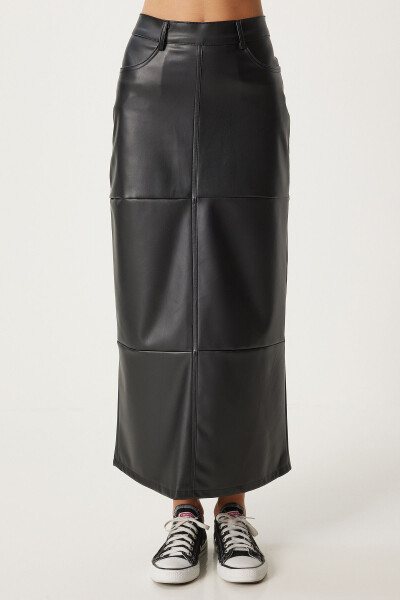 Women's Black Slit Faux Leather Pencil Skirt FN03351 - 3