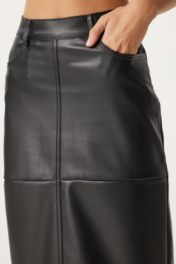 Women's Black Slit Faux Leather Pencil Skirt FN03351 - 4