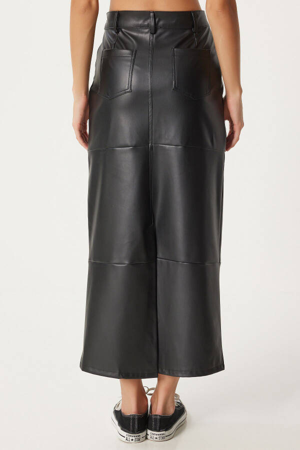 Women's Black Slit Faux Leather Pencil Skirt FN03351 - 6