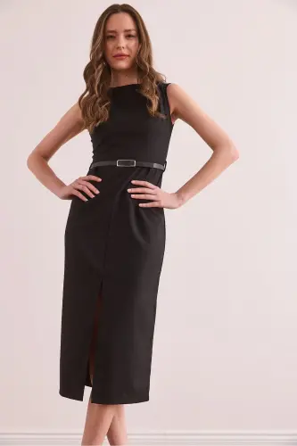 Women's Black Slit Front Belted Polyviscose Dress - 2