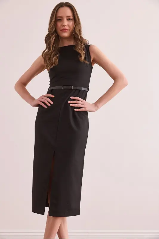 Women's Black Slit Front Belted Polyviscose Dress - 2