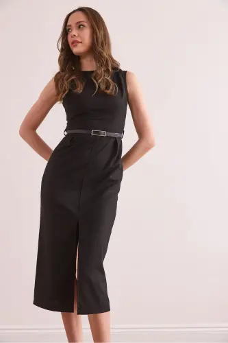 Women's Black Slit Front Belted Polyviscose Dress - 3
