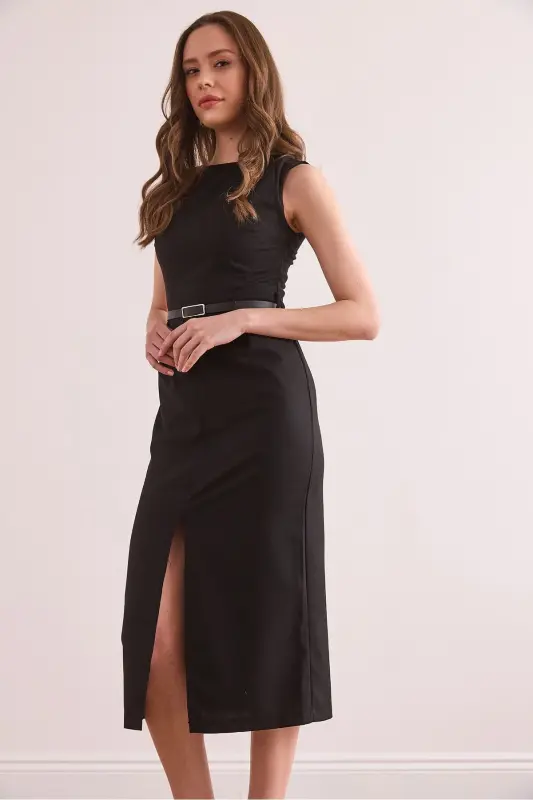 Women's Black Slit Front Belted Polyviscose Dress - 4