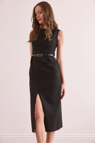 Women's Black Slit Front Belted Polyviscose Dress - 5