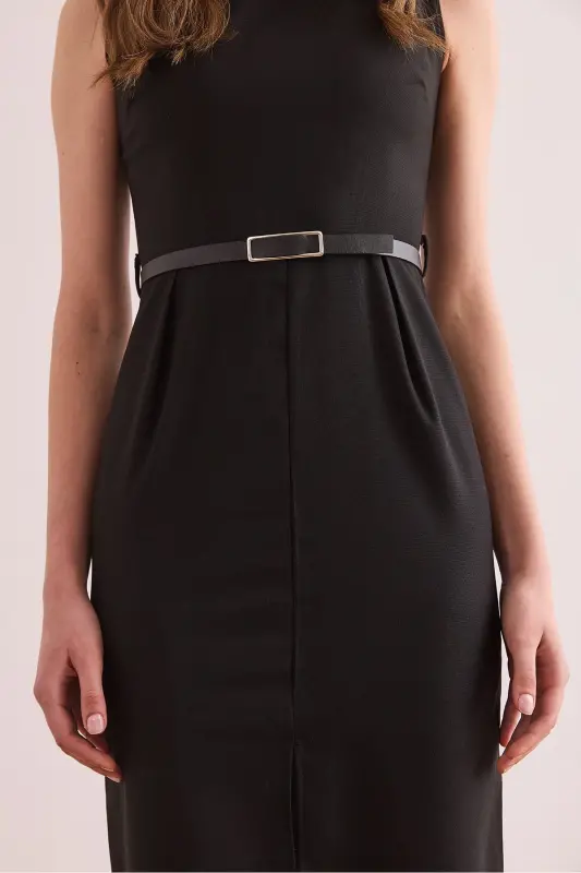 Women's Black Slit Front Belted Polyviscose Dress - 6
