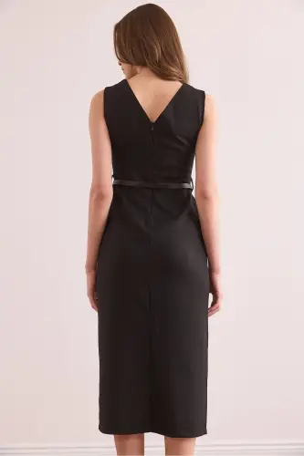 Women's Black Slit Front Belted Polyviscose Dress - 7